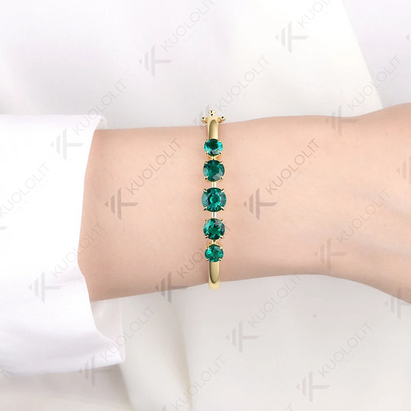 Kuololit 6CTW Round Lab Grown Emerald Custom Bangle for Women Solid 10K Yellow Gold Round Bracelet for Engagement Christmas Gift