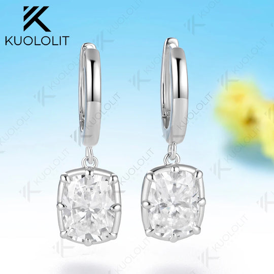 Kuololit 5CTW Enlonged Cushion Moissanite Earrings for Women Solid 14K 10K 585 Yellow Gold Clip Earring for Christmas Gift Party