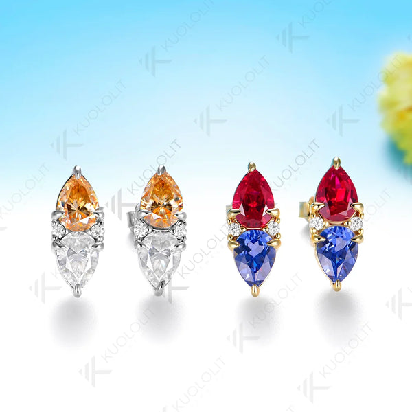 Kuololit 5CTW Lab Grown Ruby Sapphire Custom Clip Earrings for Women Solid 14K 10K 585 Yellow Gold Pear Cut for Christmas Gifts