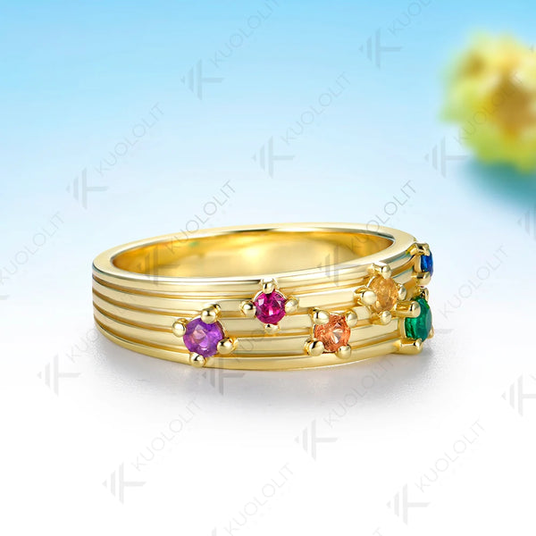 Kuololit Lab Grown Coloful Rainbow Gemstones Round Cut Custom Ring for Women Solid 14K 10K 585 Yellow Gold for Christmas Gifts