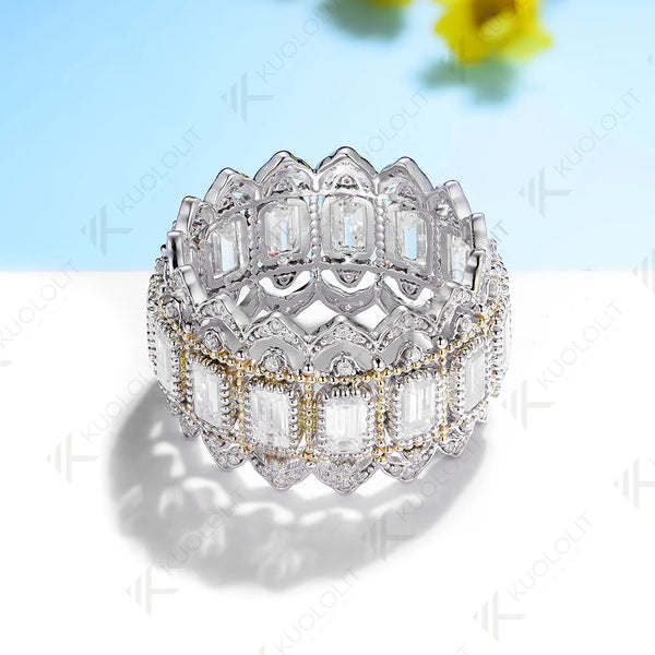 Kuololit Moissanite Band Rings for Women Men Solid 18K 14K 10K 925 Silver Two Tone Color Yellow Gold  for Anniversary Engagement