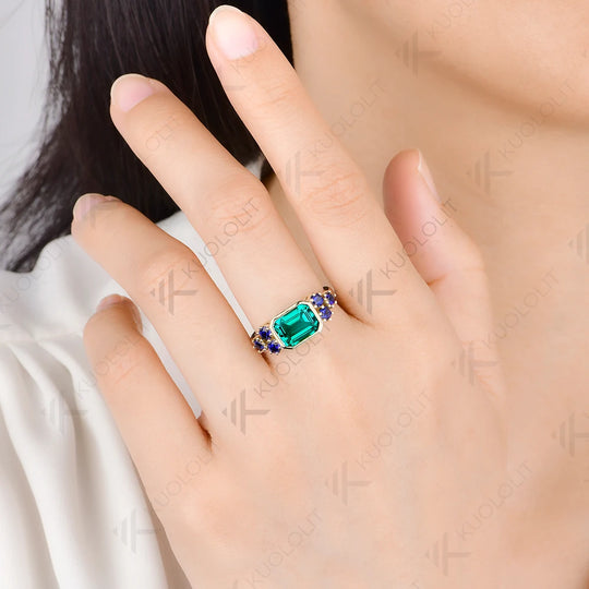 Kuololit 3CT Lab Grown Emerald Sapphire Gemstone Custom Ring for Women Solid 14K10K Yellow Gold for Engagement Wedding Christmas