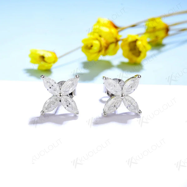 Kuololit Marquise Moissanite Earrings Necklace for Women solid 18K 14K Gold 925 silver Flower Earrings and Necklace for party