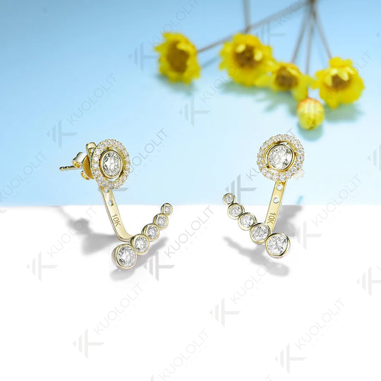 Kuololit Moissanite Stub Earrings for Women Solid 18K 14K 10K Yellow Gold Jacket Earring for Party Christmas Classic Engagement
