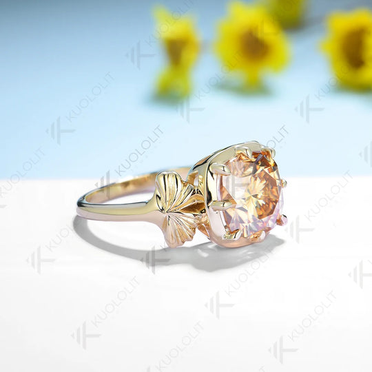 Kuololit 3.5ct Champagne Moissanite Ring for Women 585 14K 10K Yellow Gold Cushion Solitaire Halo Ring for Engagement Christmas
