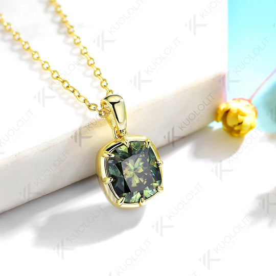 Kuololit 2.5CT Cyan Moissanite Lab Grown Pink Sapphire  Cushion Cut Necklace for Women Solid14K10K 585 Yellow Gold Necklace for Christmas Gift Engagement