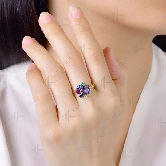 Kuololit Lab Grown Alexandrite Cushion Custom Ring for Women Solid 14K 10K 585 Yellow Gold Engagement Ring for Christmas Gift