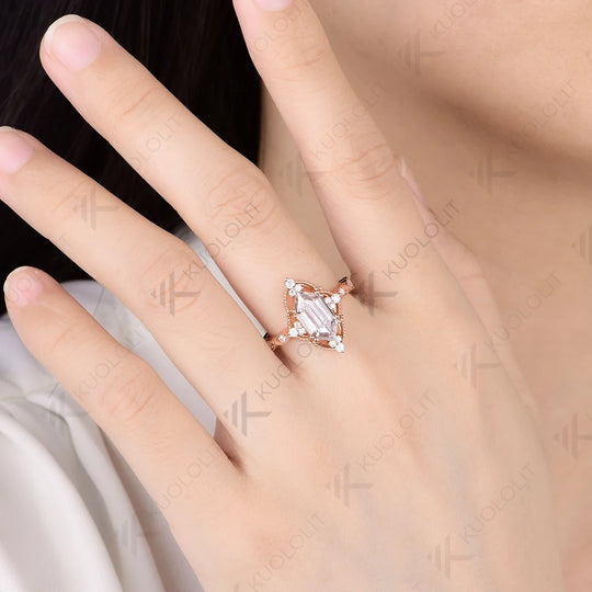 Kuololit 2.5ct Enlonged Hexagon Cut Moissanite Ring for Women Solid 14K 10K Rose Gold  for Anniversary Engagement Gift Christmas