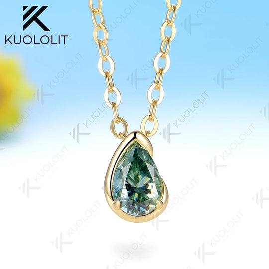 Kuololit 0.5CT Cyan Pear Moissanite Necklace for Women Men Solid 585 14K 10K Yellow Gold Pear Chain for Engagement Christmas