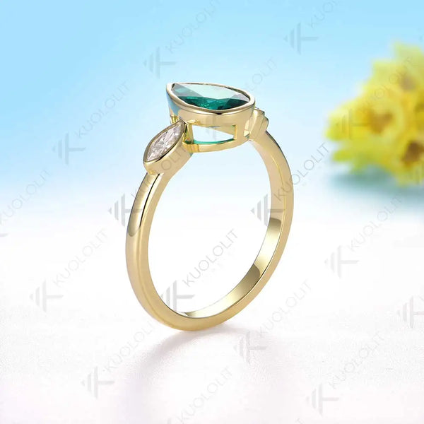 Kuololit 1.6CT Lab Grown Emerald with Moissanite Rings for Women Solid 18K 14K 10K 585 Yellow Gold Rings for Christmas Gifts