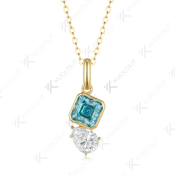 Kuololit 3CTW Cyan Moissanite Pear Asscher Cut Custom Necklace for Women Solid 585 14K 10K Yellow Gold for Christmas Gifts Party