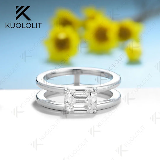 Kuololit 2CT Emerald Cut Moissanite Ring for Women Pure 18K 14K 10K Gold Ring for Anniversary Engagement Gifts Christmas Classic