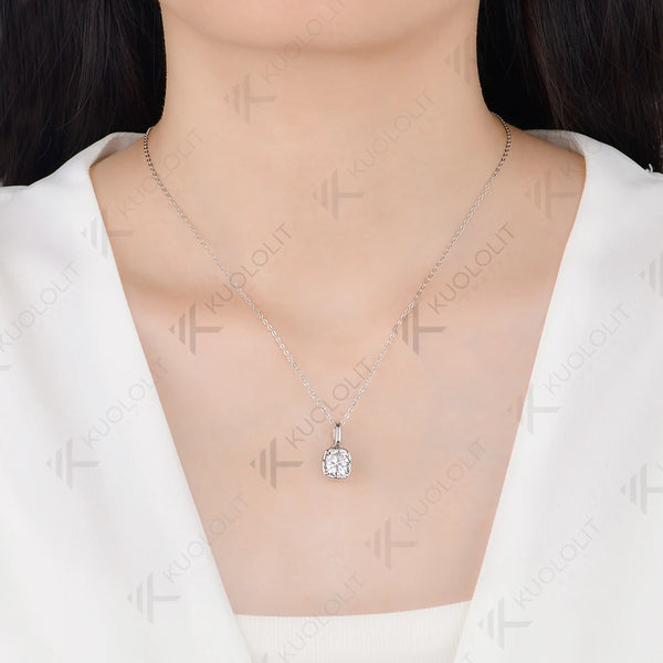 Kuololit 3CT Enlonged Cushion Moissanite Necklace for Women Solid 585 14K 10K Yellow Gold Necklace for Christmas Gift Party