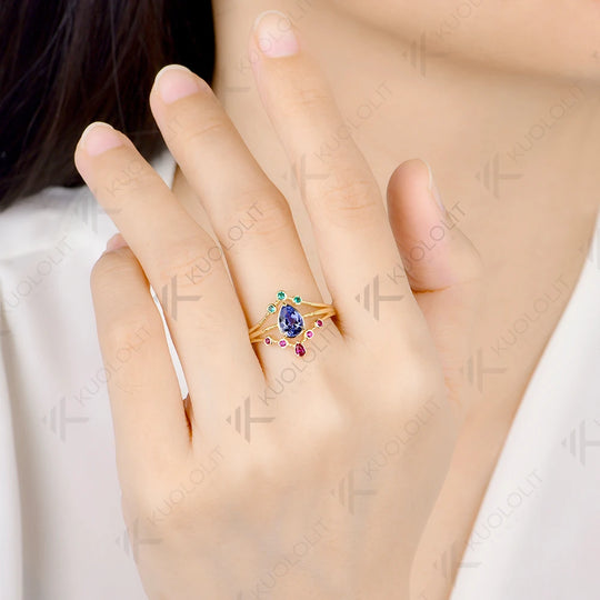 Kuololit Lab Grown Sapphire Ruby Emerald Gemstone Ring for Women Solid 14K 10K Yellow Gold Engagement for Christmas Gifts Party