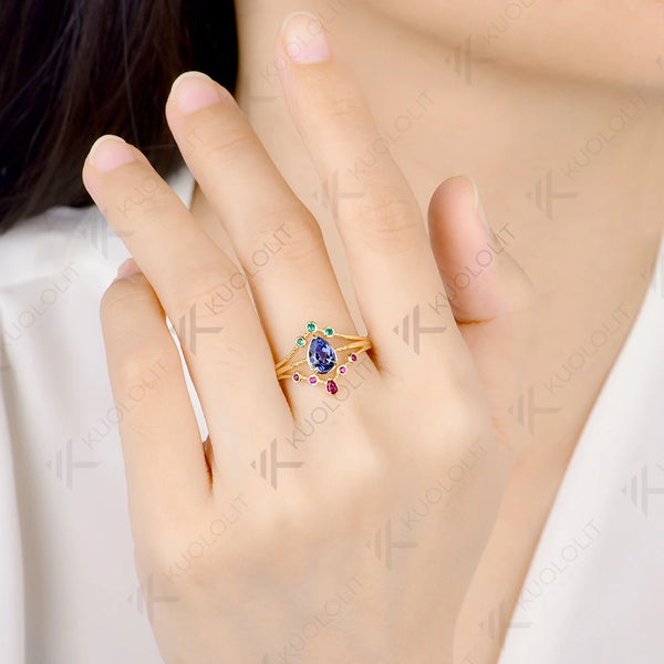 Kuololit Lab Grown Sapphire Ruby Emerald Gemstone Ring for Women Solid 14K 10K Yellow Gold Engagement for Christmas Gifts Party