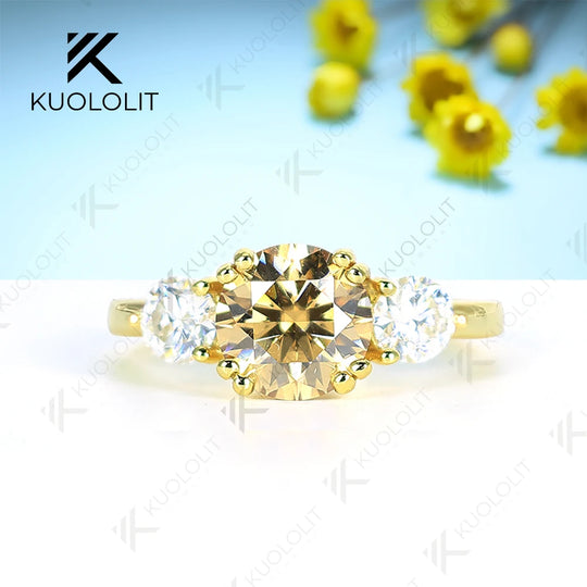 Kuololit 2CT Champagne Moissanite and 0.8ct White Moissanite Rings for Women Round Cut Solitaire Ring for Engagement Wedding