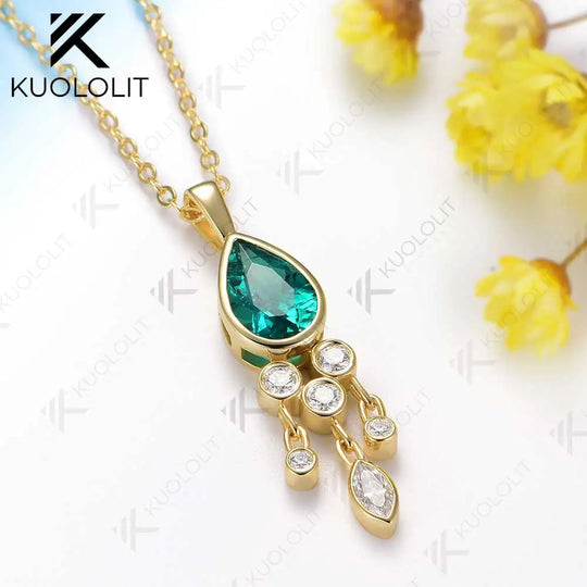 Kuololit 1.6CT Lab Grown Emerald and Moissanite Necklace for Women Solid 18K 14K 10K 585 Yellow Gold Pear Pendant for Christmas