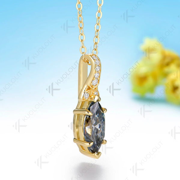 Kuololit 2CT Grey Moissanite Custom Necklace for Women Solid 585 14K 10K Yellow Gold Marquise Necklace for Christmas Gifts Party