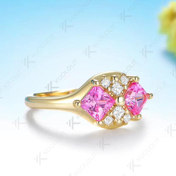 Kuololit 1.6CTW Lab Pink Sapphire Princess Cut Moissanite Custom Ring for Women Solid 14K 10K 585 Yellow Gold for Christmas Gift