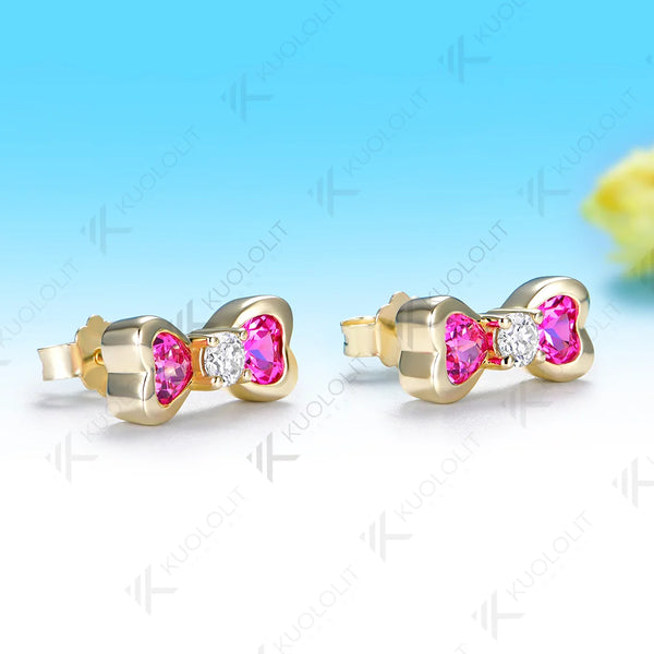 Kuololit 1.4CTW Lab Pink Sapphire Diamonds Heart Custom Earrings for Women Solid14K 10K 585 Yellow Gold for Christmas Gift Party