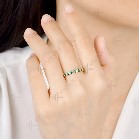 Kuololit Lab Grown Emerald Ring for Women Men Solid 14K 10K Yellow Gold Half Eternity Wedding Band for Christmas Engagement Gift
