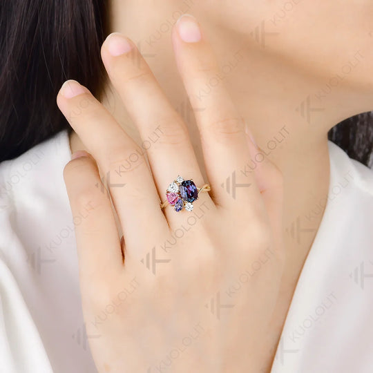 Kuololit Lab Grown Alexandrite Gemstone Custom Ring for Women Solid 14K 10K 585 Yellow Gold Engagement Ring for Christmas Gift