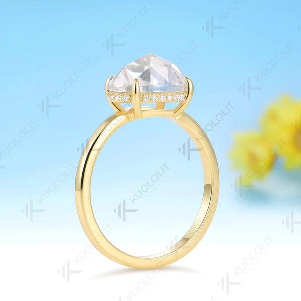 Kuololit 3CT Rose Cut Oval Moissanite Ring for Women Soild 10K 14K Yellow Gold Engagement Ring for Christmas Gift Anniversary