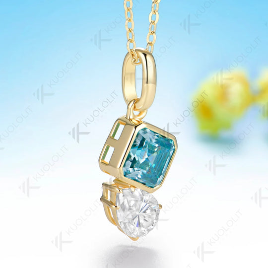 Kuololit 3CTW Cyan Moissanite Pear Asscher Cut Custom Necklace for Women Solid 585 14K 10K Yellow Gold for Christmas Gifts Party