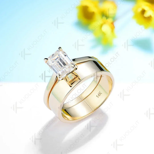 Kuololit 2ct Emerald Cut Ring Moissanite D/VVS1 Set Ring for Women Solid PT950 14K 10K Yellow Gold Luxury Wedding Christmas