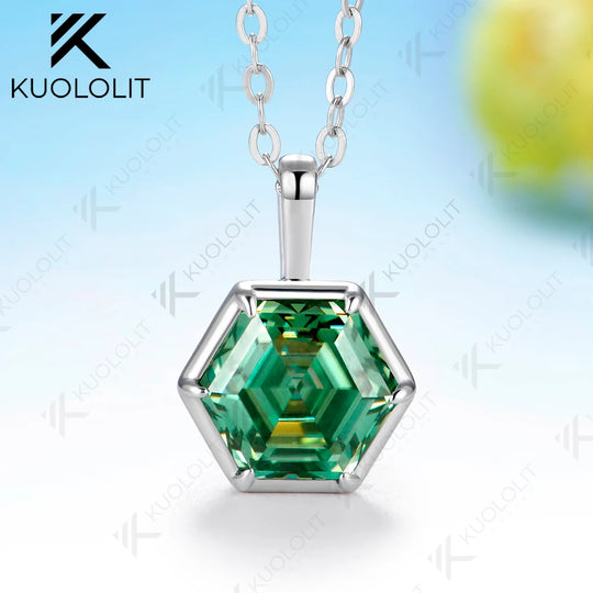 Kuololit 1.5CT Cyan Moissanite Hexagon Necklace for Women Solid 585 14K 10K Yellow Gold Ring for Engagement Christmas GiftsParty