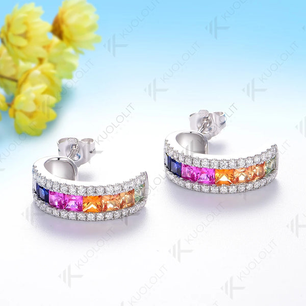 Kuololit 2.8CTW Lab Grown Rainbow Sapphire Stud Earrings for Women Solid 14K10K 585 White Gold Luxury Earring for Christmas Gift