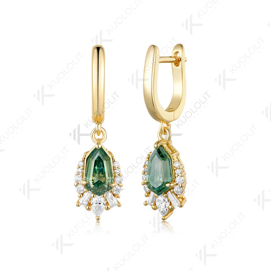 Kuololit 2.4CT Octagonal Pear Cyan Moissanite Clip Earring for Women Solid 14K 10K Yellow Gold Earring for Christmas Gifts Party