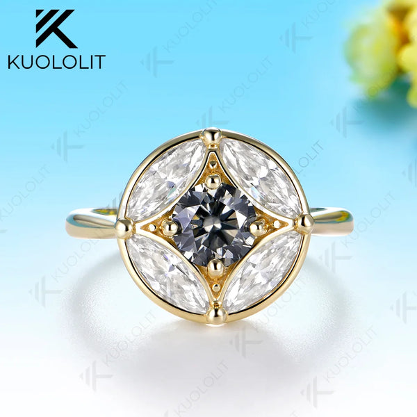 Kuololit 1.2CTW Grey Moissanite Custom Ring for Women Solid 14K 10K 585 Yellow Gold Engagement Wedding Ring for Christmas Gift