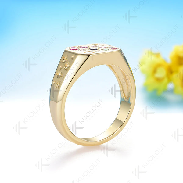 Kuololit 0.21CTW Lab Grown Pink Sapphire Emerald Gemstone Ring for Women Solid 14K 10K 585 Yellow Gold for Christmas Gifts Party