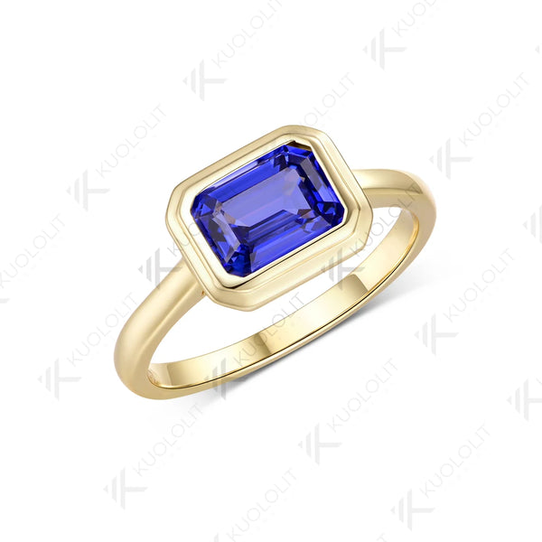 Kuololit 3CT Lab Grown Sapphire Bezel Set Ring for Women Solid 14K 10K585 Yellow Gold Engagement Ring for Christmas Gift Party