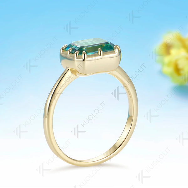 Kuololit 3CT Emerald Cut Cyan Moissanite Ring for Women Solid 14K 10K 585 Yellow Gold Ring for Engagement Party Christmas Gifts