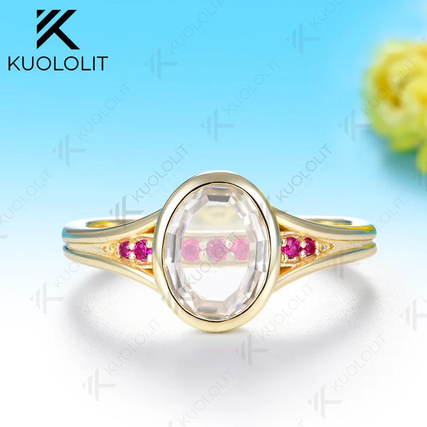 Kuololit 2CT Unique Portrait oval cut Moissanite Ruby Custom Rings for Women Solid 14K 10K Yellow Gold for engagement Christmas