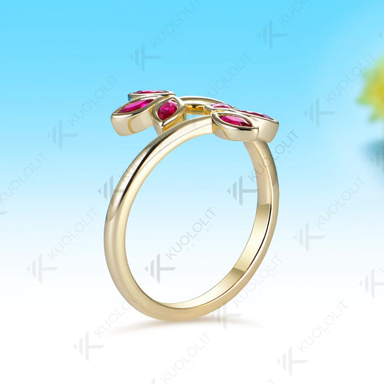 Kuololit Lab Grown Ruby Leaf Custom Ring for Women Solid 14K 10K 585 Yellow Gold Engagement Ring for Christmas Gift Party Luxury