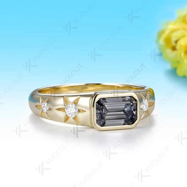 Kuololit 1CT Grey Moissanite Emerald Cut Custom Ring for Women Solid 14K 10K Yellow Gold Engagement Ring for Christmas Party