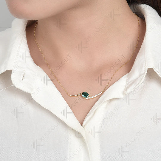 Kuololit 1.5CT Lab Grown Emerald Necklace for Women Solid 10K 14K 18K 925Sliver Moissanite Oval Pendant for Engagement Christmas