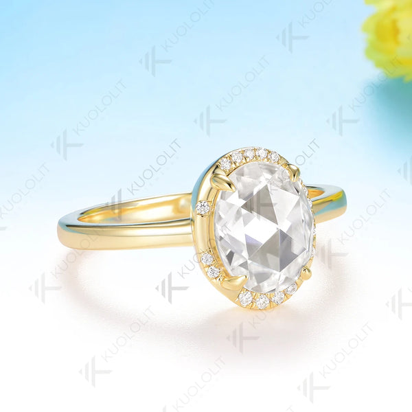Kuololit 2CT Rose Oval Cut Moissanite Ring for Women Soild 10K 14K Yellow Gold Engagement Ring for Christmas Gift Anniversary