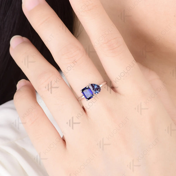 Kuololit 2CTW Lab Grown Alexandrite Blue Sapphire Solid 14K 10K Gold Gemstone Engagement Rings for Christmas Anniversary Party