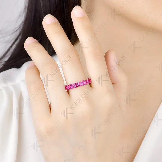 Kuololit 6.6CTW Lab Grown Pink Sapphire Custom Ring for Women Solid 14K 10K 585 Yellow Gold Full Eternity Band for Christmas