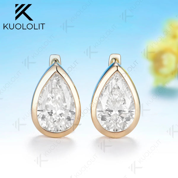 Kuololit 4CTW Moissanite Hoop Earrings for Women Solid 14K 10K 585 Yellow Gold Pear Clip Earring for Christmas Gifts Classic