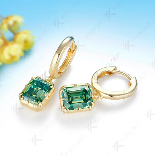 Kuololit 6CTW Emerald Cut Cyan Moissanite Earrings for Women Solid 14K 10K 585 Yellow Gold Clip Earrings for Christmas Gifts