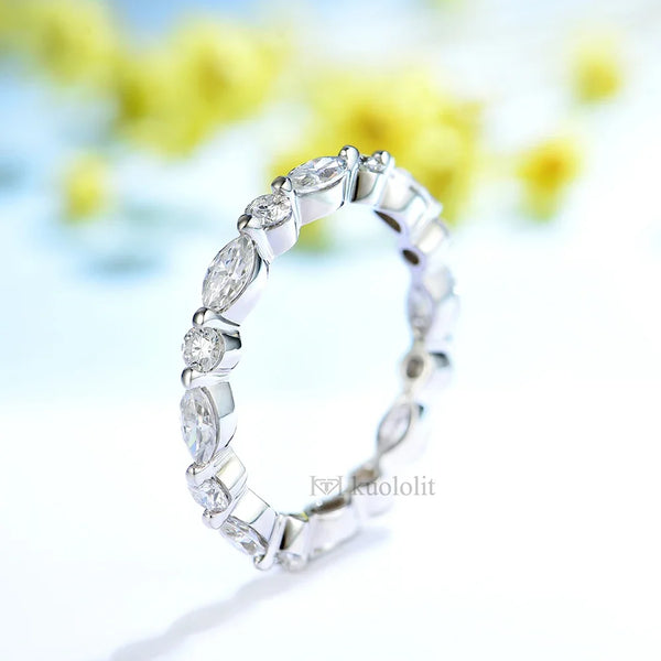 Kuololit 2CT Moissanite Soild 18K 585 14K Rose Gold Bubble Ring for Women Marquise Full Eternity Wedding Band Engagement Wedding