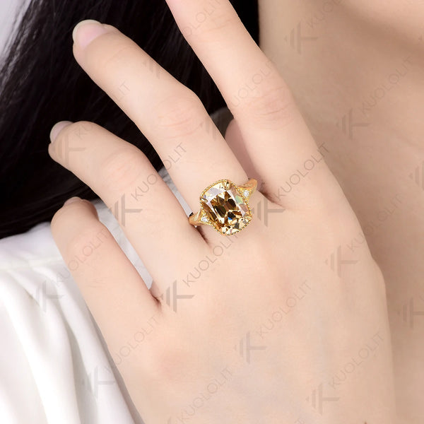 Kuololit 7CT OMC Cushion Champagne Custom Moissanite Ring for Women Solid 14K 10K 585 Yellow Gold for Christmas Gifts Party
