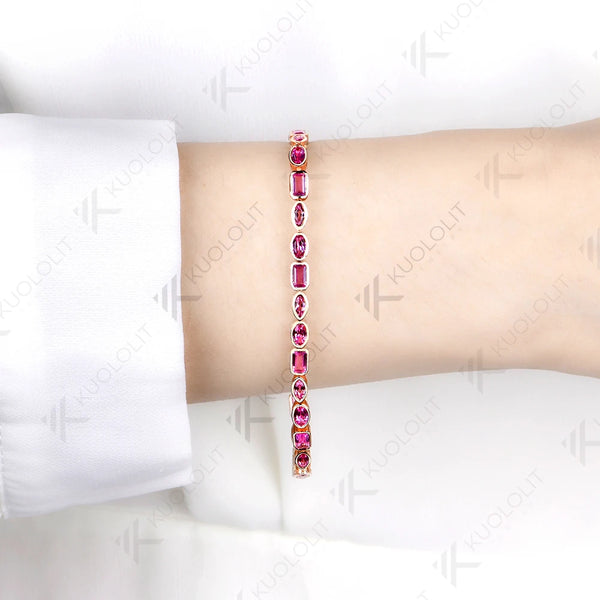 Kuololit 10CTW Lab Grown Pink Sapphire Custom Bracelet for Women Men 14K 10K 585 Yellow Gold Custom Bracelet for Christmas Gifts