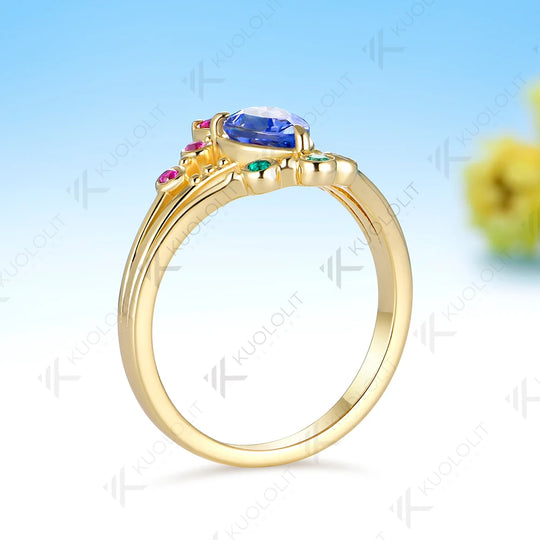 Kuololit Lab Grown Sapphire Ruby Emerald Gemstone Ring for Women Solid 14K 10K Yellow Gold Engagement for Christmas Gifts Party