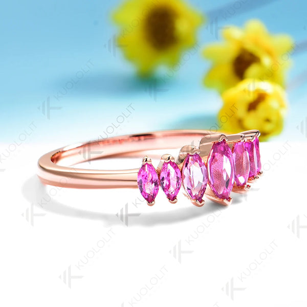 Kuololit 1.2CTW Lab Grown Pink Sapphire Marquise Ring for Women Men Solid 14K 10K Rose Gold Band for Wedding Christmas Party